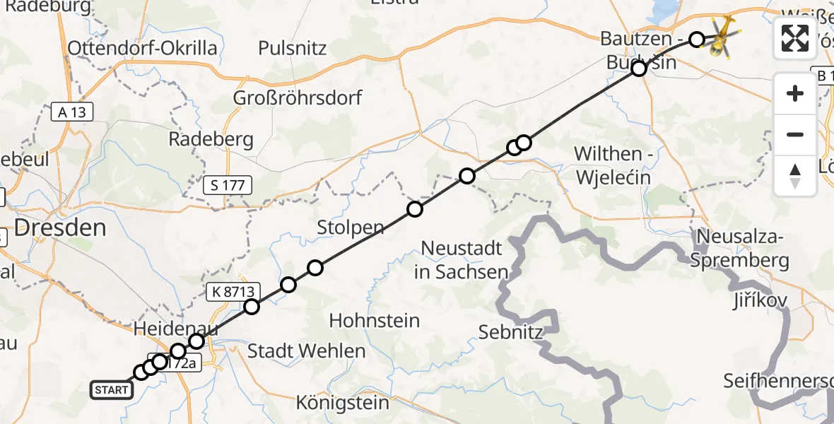Flugroute Rettungshubschrauber Müglitztal - Bautzen Flugplatz, 21 August 2026, 17:06