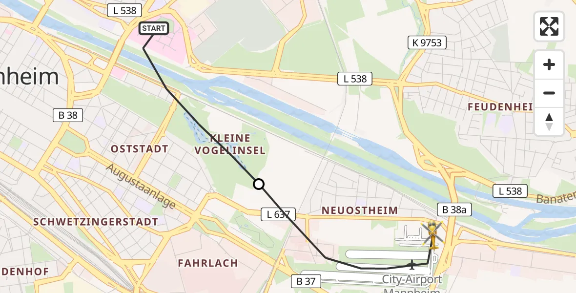 Flugroute Rettungshubschrauber Mannheim - Mannheim-City Flughafen, 21 August 2026, 17:14