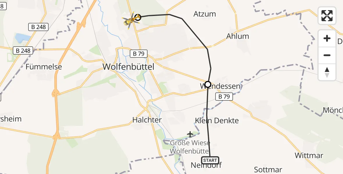 Flugroute Rettungshubschrauber Denkte - Wolfenbüttel Municipal Hospital Heliport (Christoph 30), 21 August 2026, 17:38