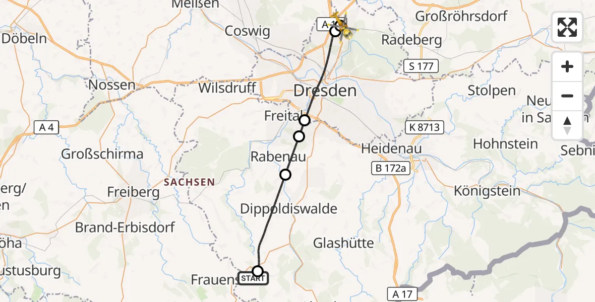 Flugroute Rettungshubschrauber Hartmannsdorf-Reichenau - Dresden Bundespolizei Hubschrauberlandeplatz, 21 August 2026, 17:43