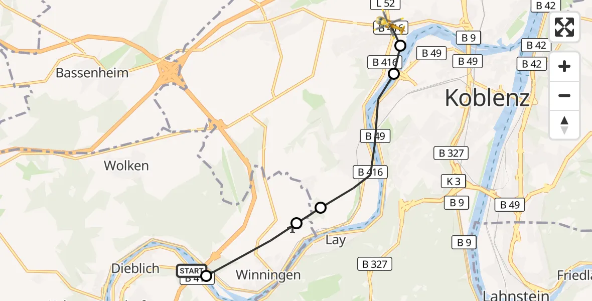 Flugroute Rettungshubschrauber Dieblich - Koblenz, 21 August 2026, 18:12