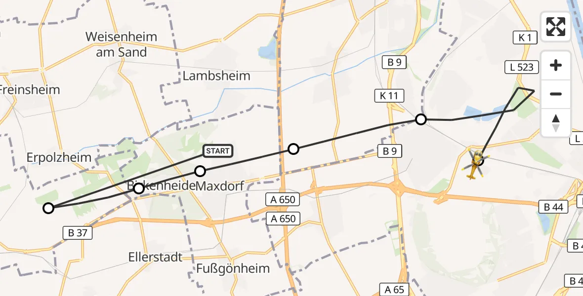 Flugroute Rettungshubschrauber Maxdorf - Ludwigshafen Accident Hospital, 21 August 2026, 18:13