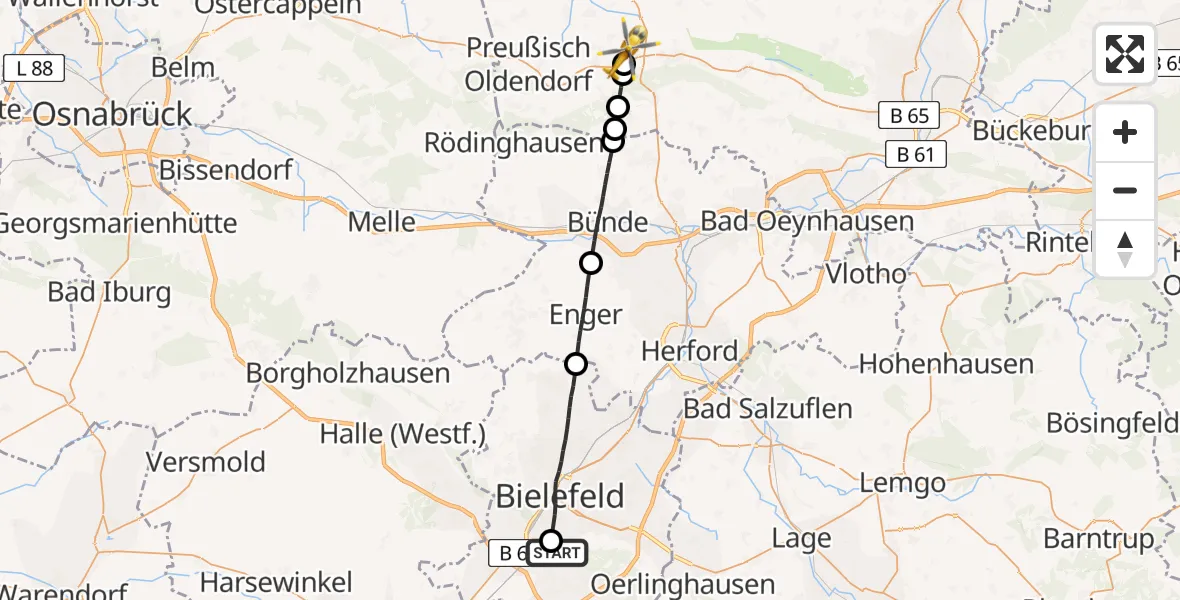 Flugroute Rettungshubschrauber Luftrettungszentrum Bielefeld - Lübbecke, 21 August 2026, 18:17