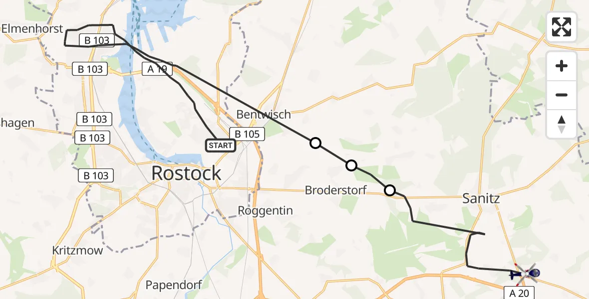 Flugroute Polizeihubschrauber Rostock - Sanitz, 21 August 2026, 18:22