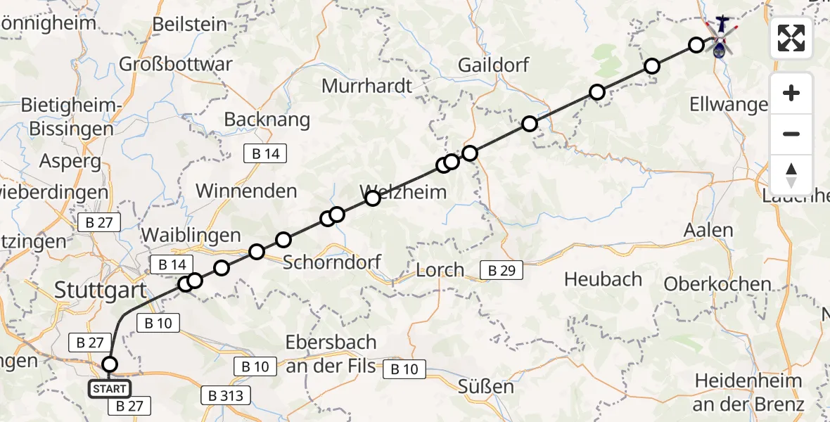 Flugroute Polizeihubschrauber Flughafen Stuttgart - Jagstzell, 21 August 2026, 18:25