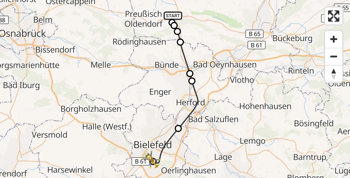 Flugroute Rettungshubschrauber Lübbecke - Luftrettungszentrum Bielefeld, 21 August 2026, 18:41