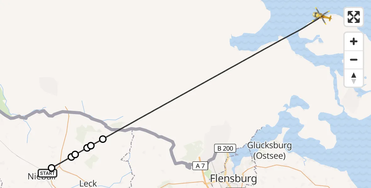 Flugroute Ambulanzhubschrauber Niebüll - Ladelund, 21 August 2026, 18:58