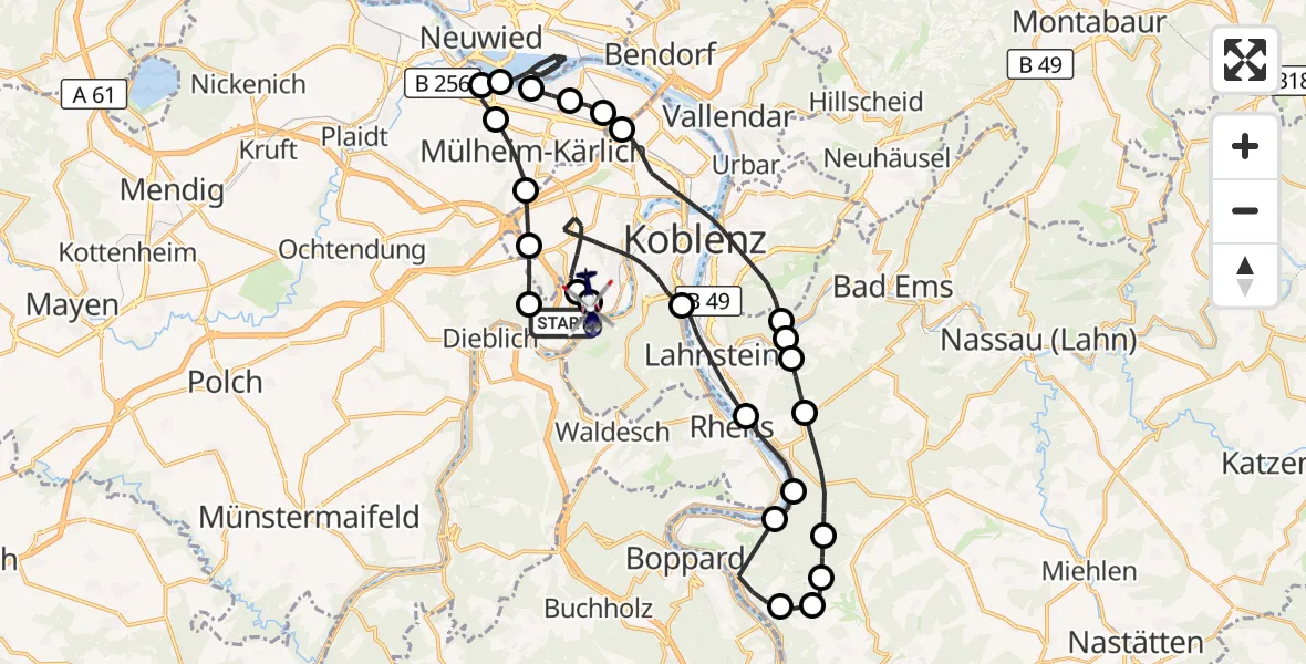 Flugroute Polizeihubschrauber Winningen - Koblenz-Winningen Flugplatz, 21 August 2026, 19:16
