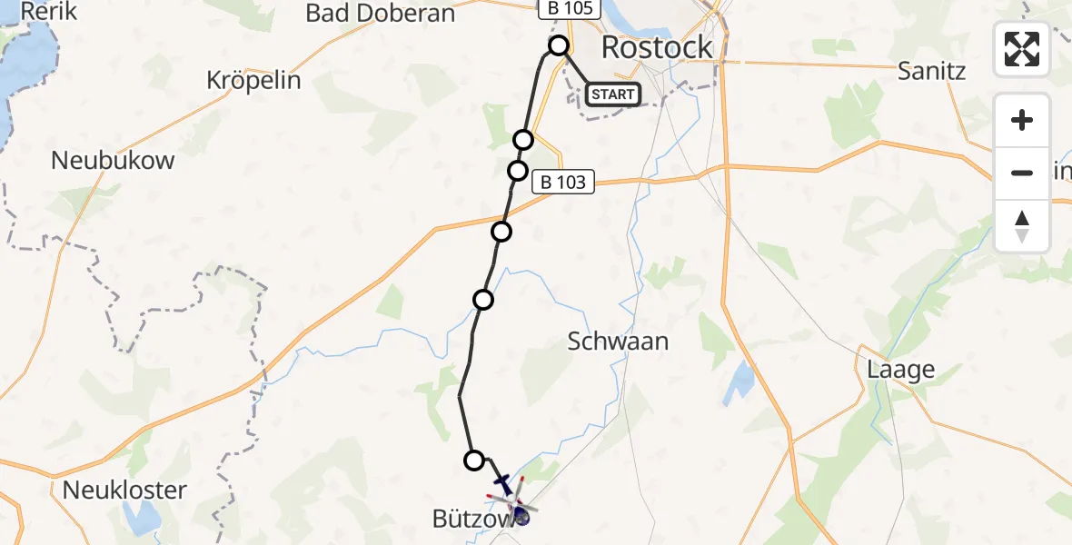 Flugroute Polizeihubschrauber Rostock - Bützow, 21 August 2026, 19:18