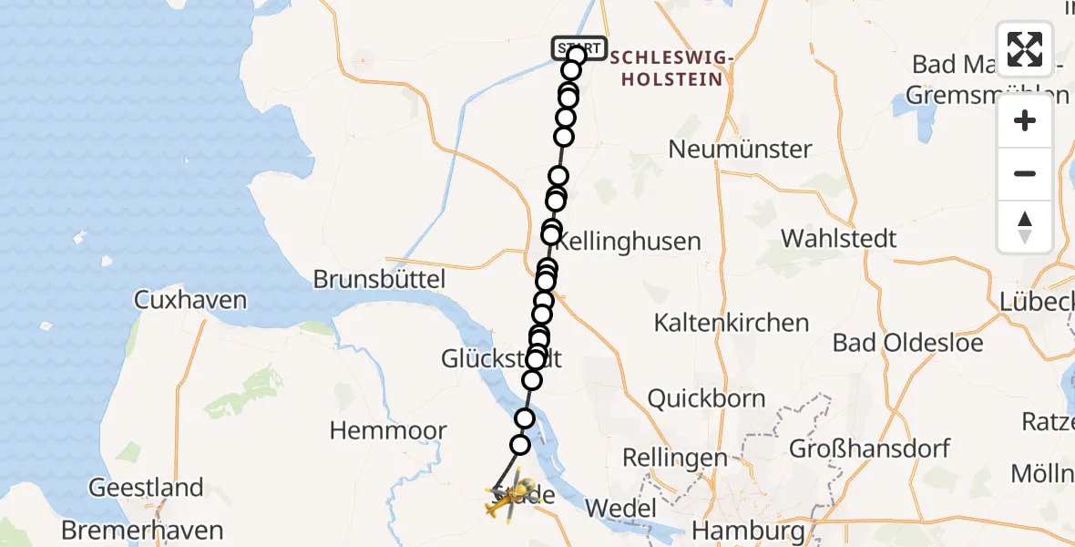 Flugroute Ambulanzhubschrauber Hörsten - Stade, 21 August 2026, 19:21