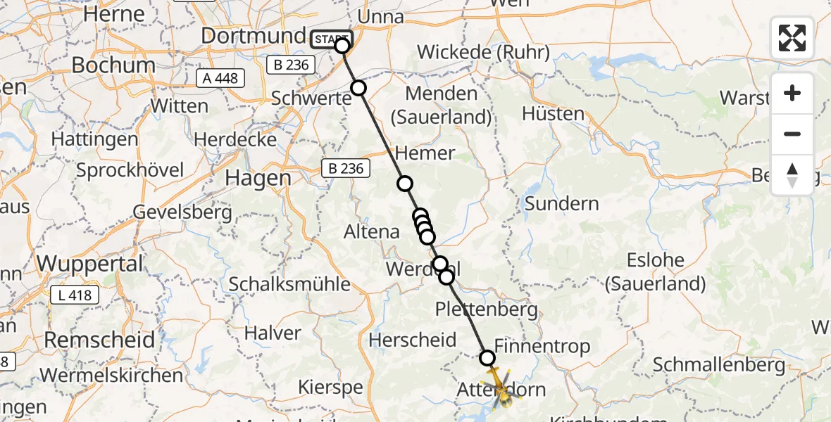 Flugroute Rettungshubschrauber Dortmund Flughafen - Attendorn, 21 August 2026, 19:41