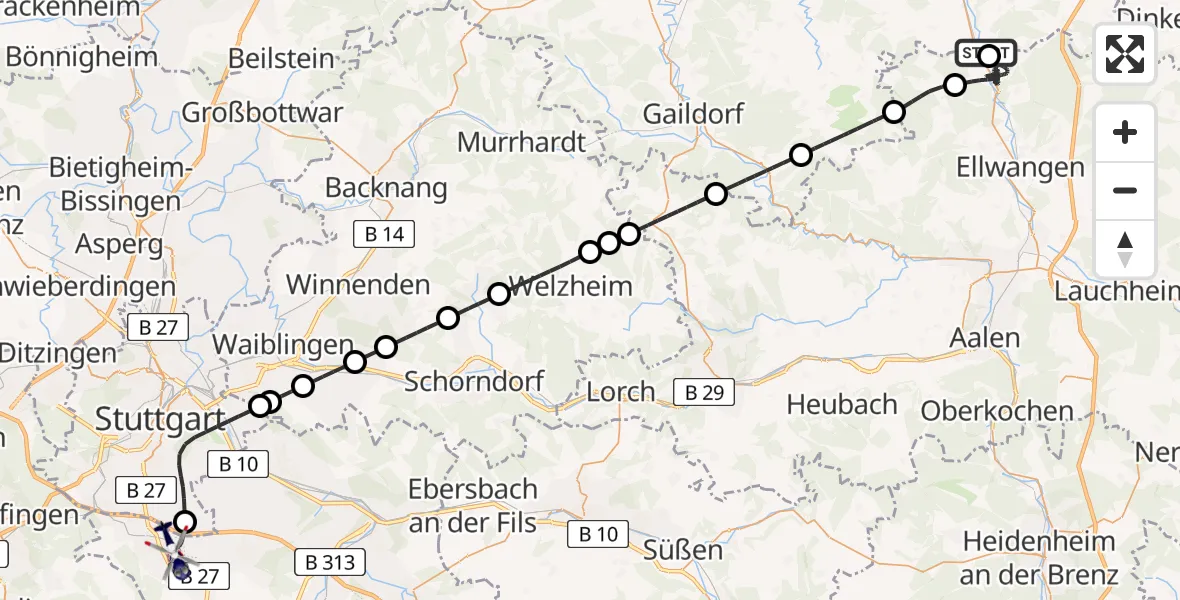 Flugroute Polizeihubschrauber Stimpfach - Flughafen Stuttgart, 21 August 2026, 19:54