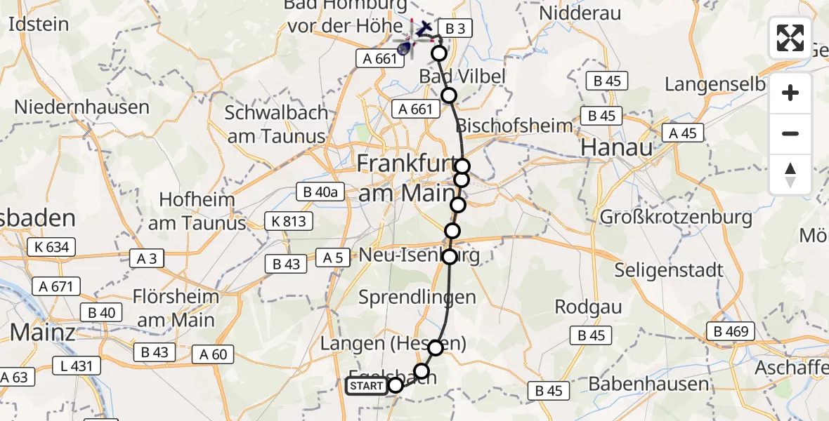 Flugroute Polizeihubschrauber Flughafen Frankfurt-Egelsbach - Frankfurt am Main, 21 August 2026, 20:45