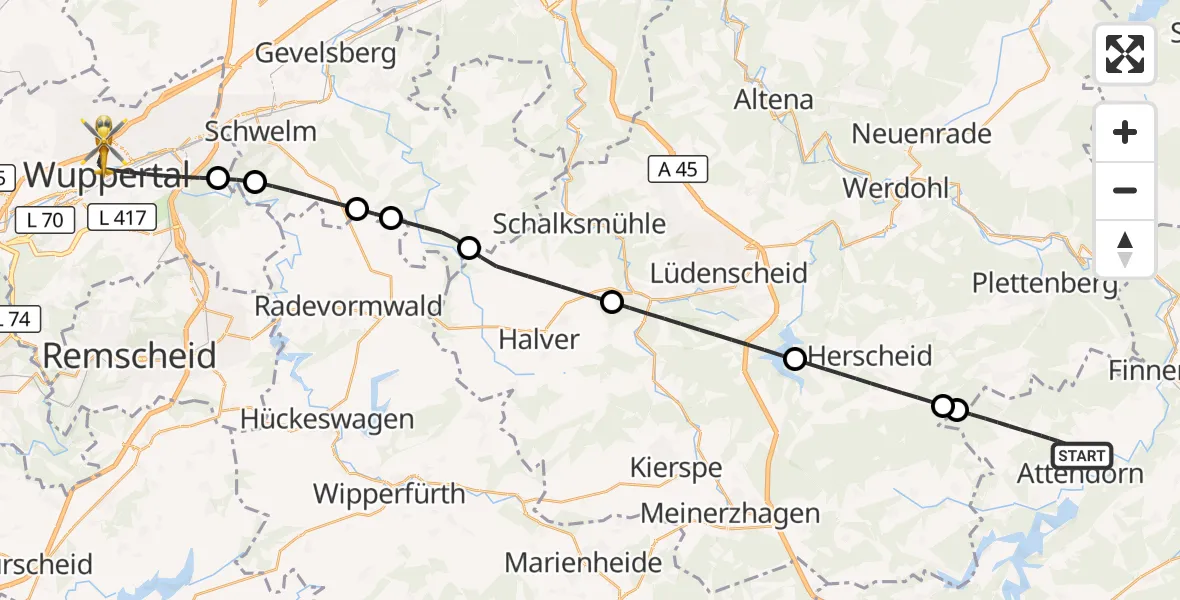 Flugroute Rettungshubschrauber Attendorn - Wuppertal, 21 August 2026, 20:46