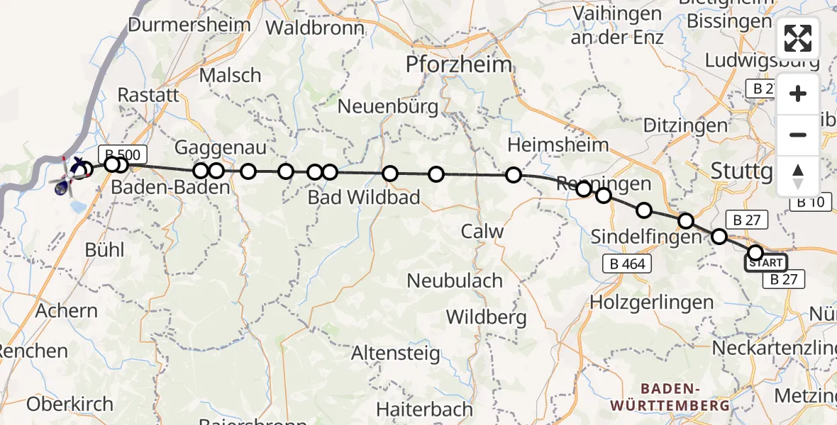 Flugroute Polizeihubschrauber Flughafen Stuttgart - Karlsruhe Baden-Baden Flughafen, 21 August 2026, 21:00