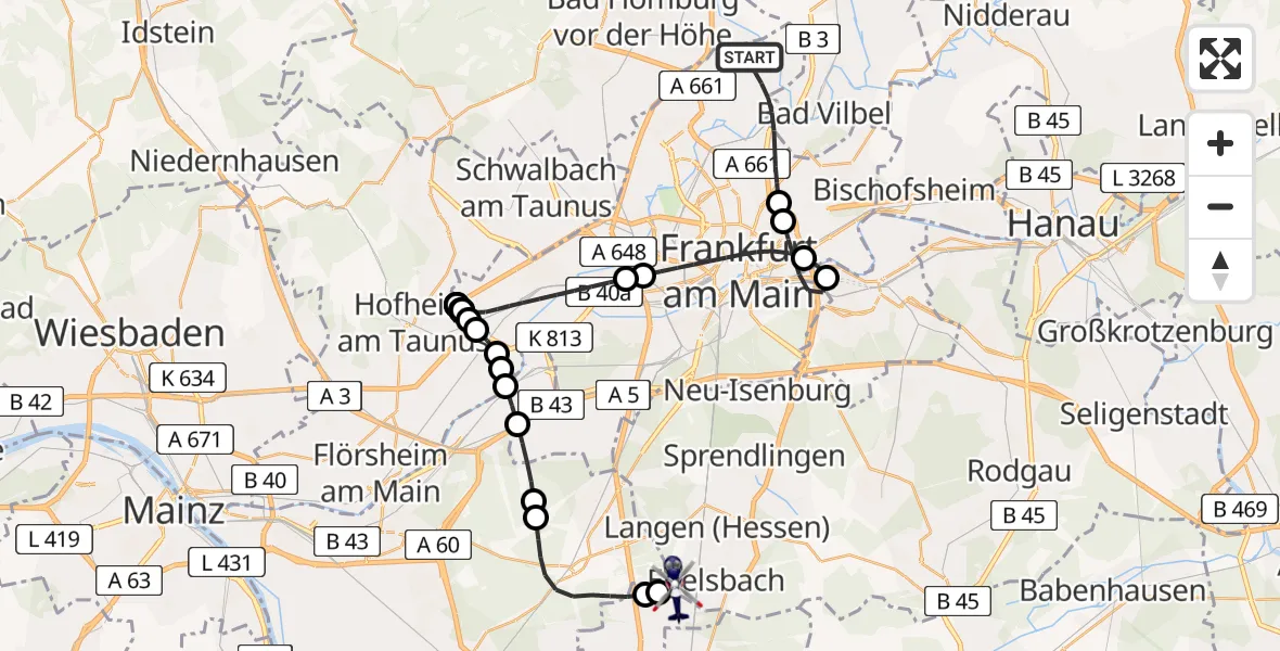 Flugroute Polizeihubschrauber Frankfurt am Main - Flughafen Frankfurt-Egelsbach, 21 August 2026, 21:24