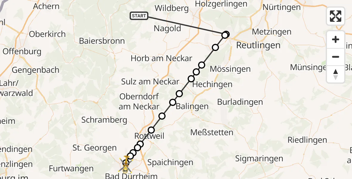 Flugroute Ambulanzhubschrauber Altensteig - DRF Air Rescue Station Villingen-Schwenningen Hubschrauberlandeplatz (Christoph 11), 21 August 2026, 21:32