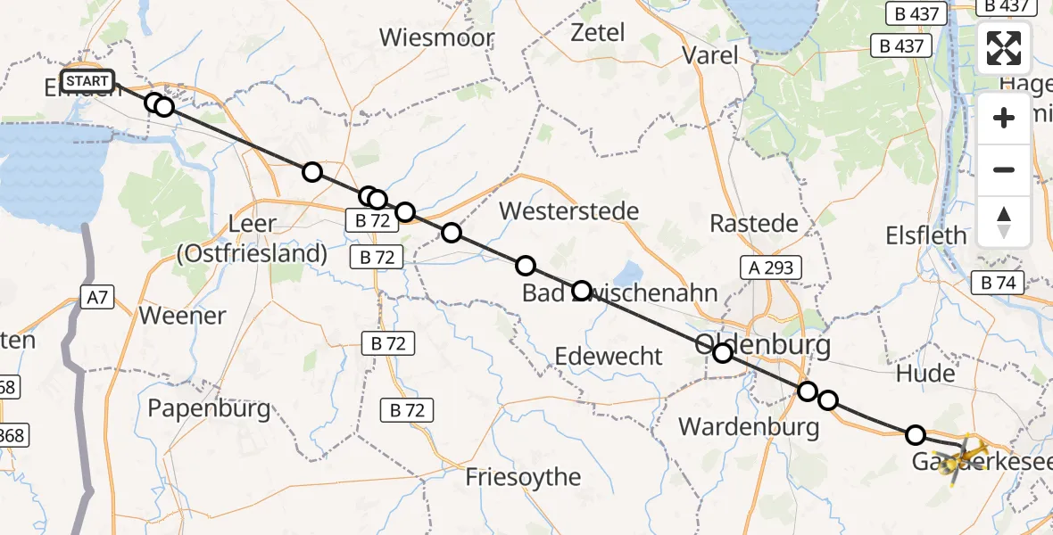 Flugroute Rettungshubschrauber Emden - Ganderkesee, 21 August 2026, 21:40