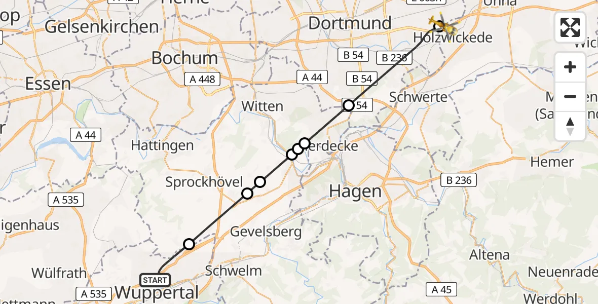Flugroute Rettungshubschrauber Wuppertal - Dortmund Flughafen, 21 August 2026, 22:31