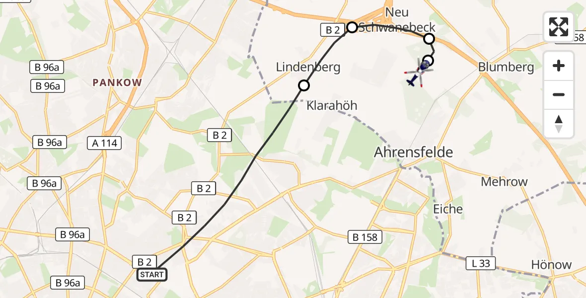 Flugroute Polizeihubschrauber Berlin - Ahrensfelde Hubschrauberlandeplatz, 21 August 2026, 22:36