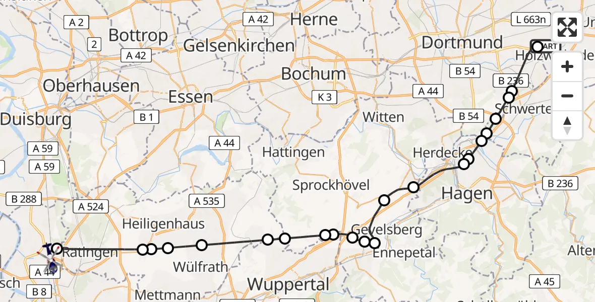 Flugroute Polizeihubschrauber Dortmund Flughafen - Düsseldorf Flughafen, 22 August 2026, 00:46
