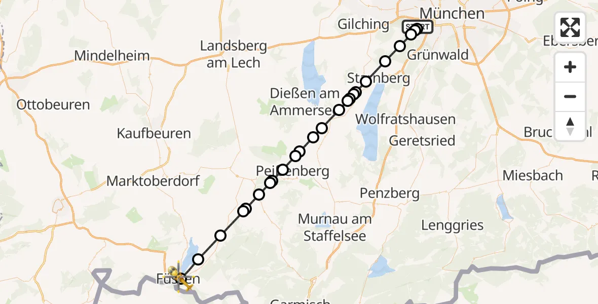 Flugroute Rettungshubschrauber DRF Air Rescue München Hubschrauberlandeplatz - Füssen, 22 August 2026, 01:57