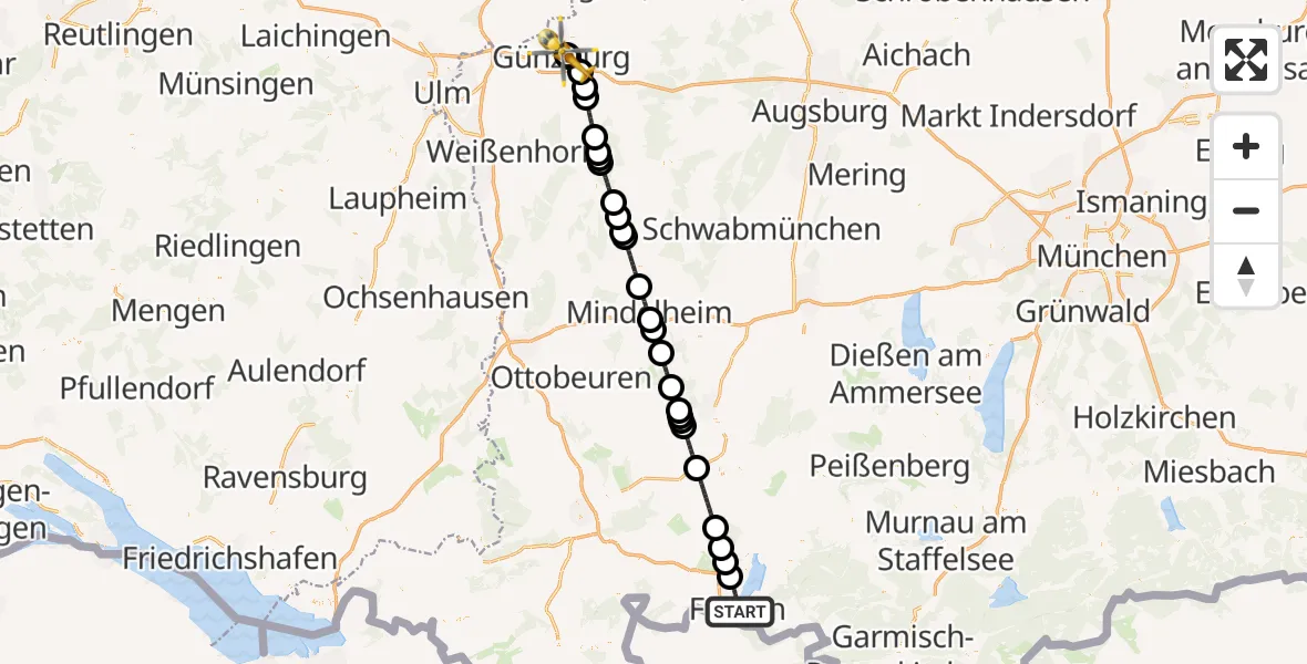 Flugroute Rettungshubschrauber Füssen - Günzburg Hospital, 22 August 2026, 02:59