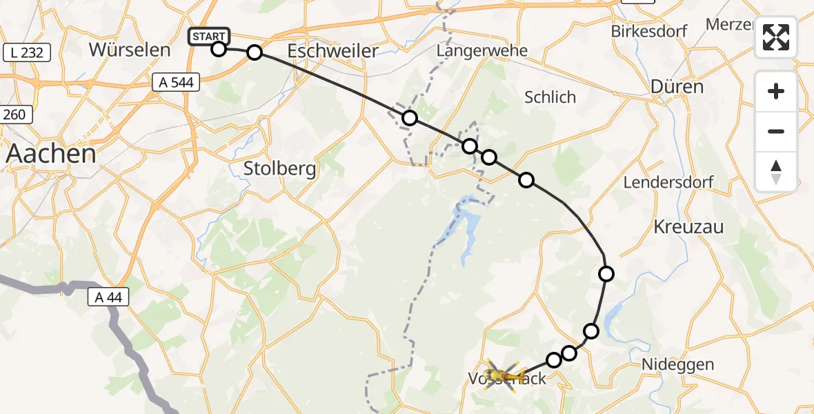 Flugroute Rettungshubschrauber Aachen-Merzbrück Flughafen - Hürtgenwald, 22 August 2026, 05:04