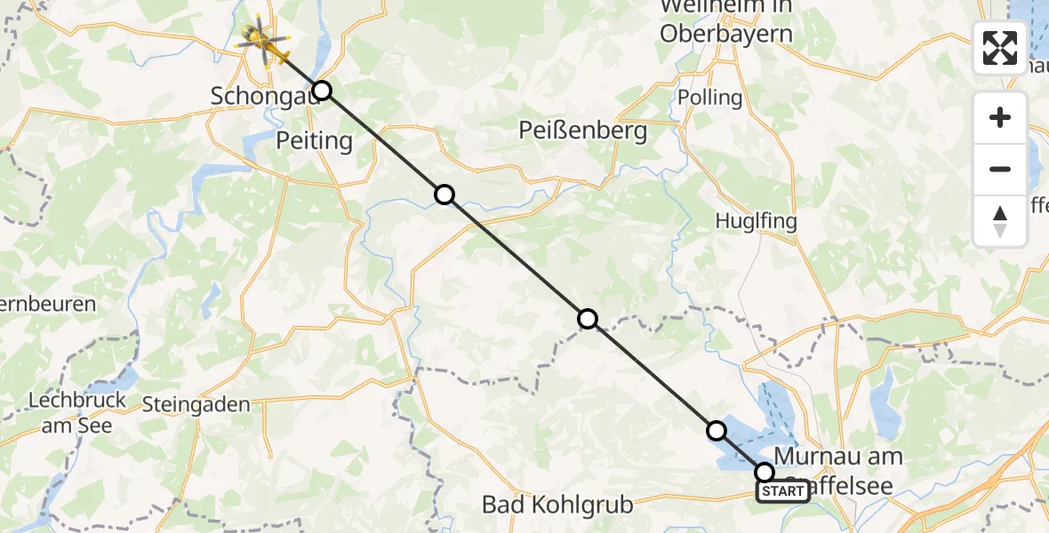 Flugroute Rettungshubschrauber Murnau a.Staffelsee - Schongau, 22 August 2026, 05:39