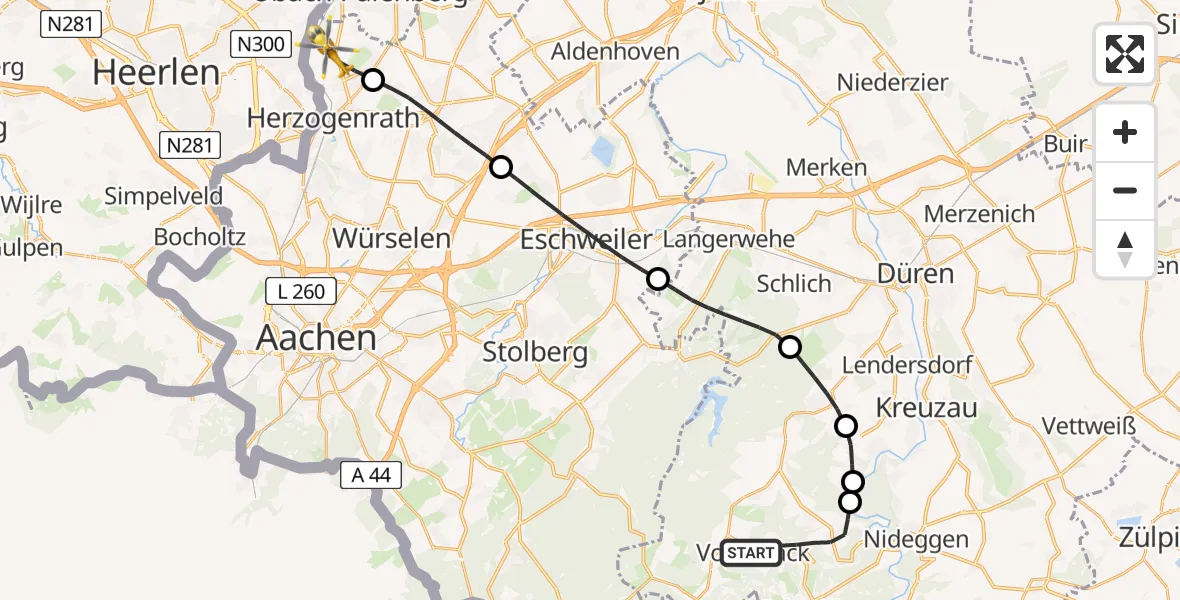 Flugroute Rettungshubschrauber Hürtgenwald - Herzogenrath, 22 August 2026, 05:43