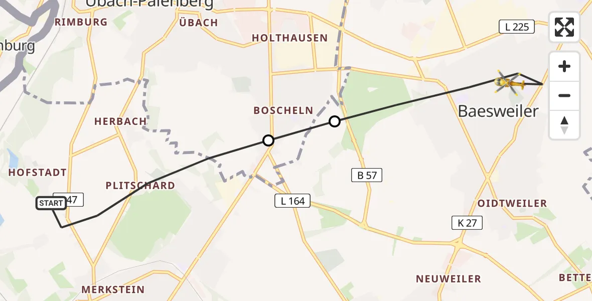 Flugroute Rettungshubschrauber Herzogenrath - Baesweiler, 22 August 2026, 06:19