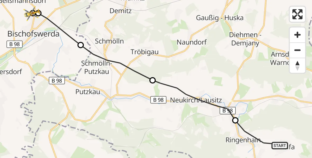 Flugroute Rettungshubschrauber Steinigtwolmsdorf - Bautzen-Bischofswerda Hospital, 22 August 2026, 06:19