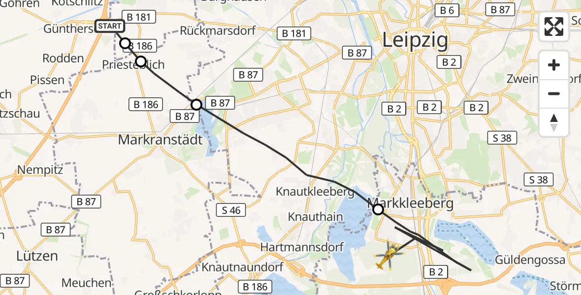 Flugroute Rettungshubschrauber Leuna - Markkleeberg, 22 August 2026, 06:34