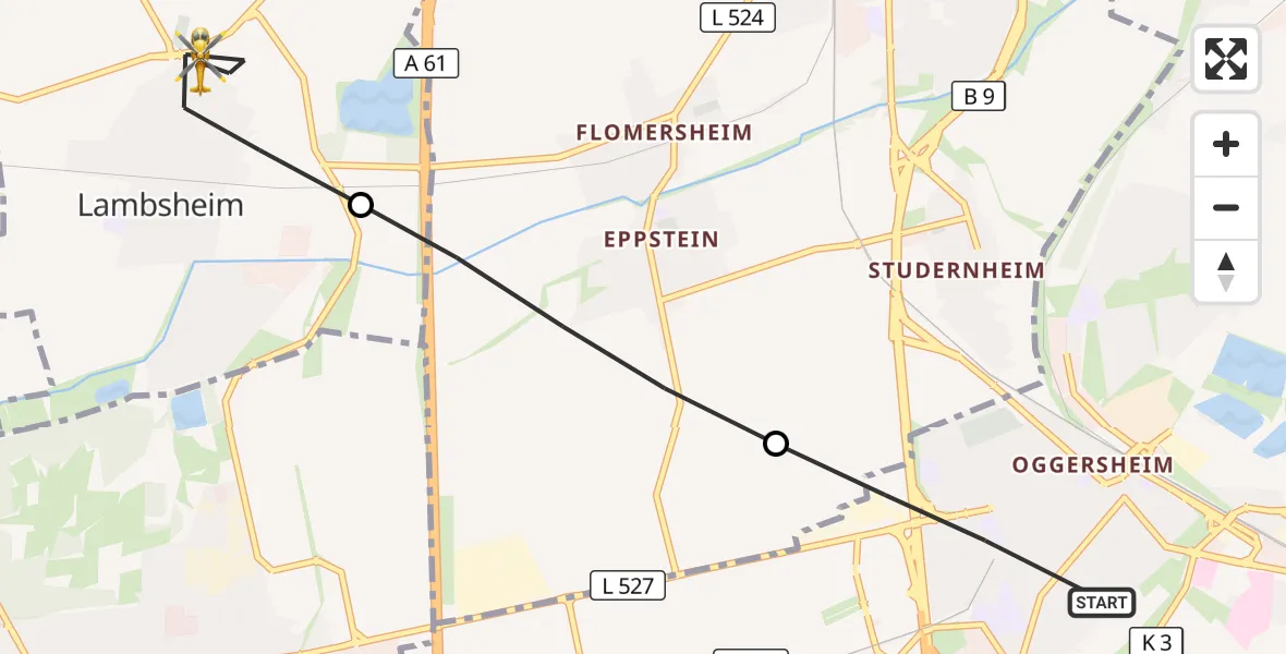 Flugroute Rettungshubschrauber Ludwigshafen am Rhein - Lambsheim, 22 August 2026, 06:46