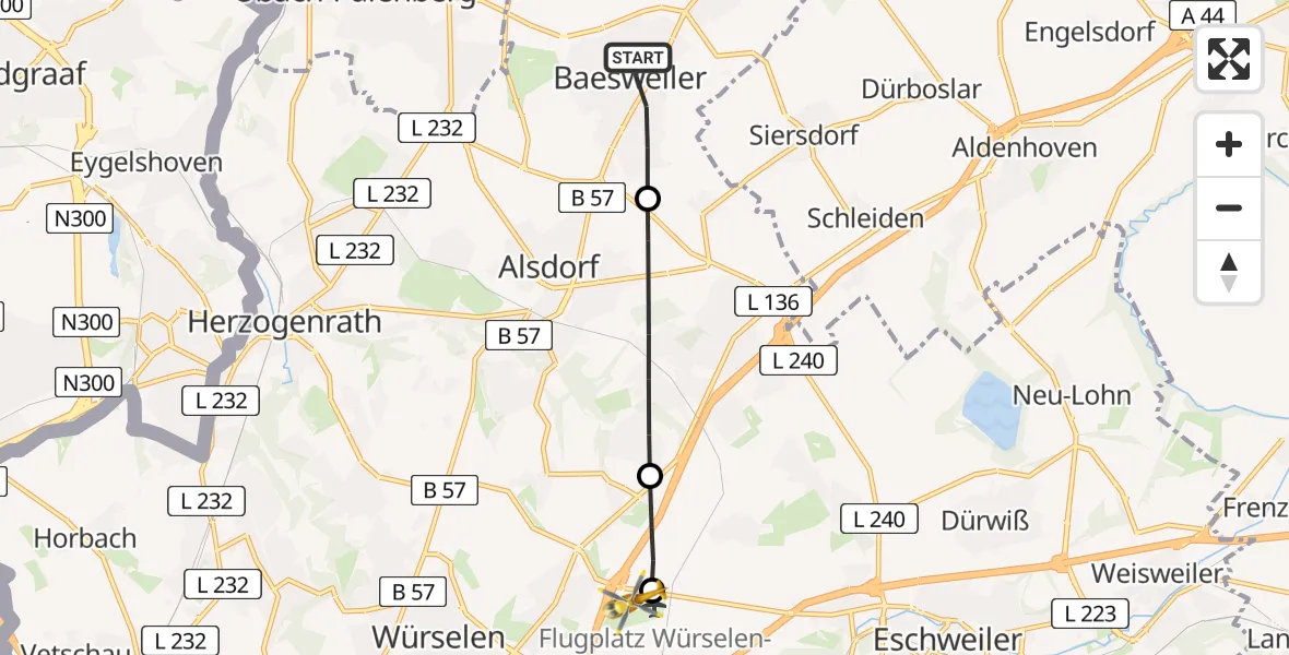 Flugroute Rettungshubschrauber Baesweiler - Aachen-Merzbrück Flughafen, 22 August 2026, 06:51
