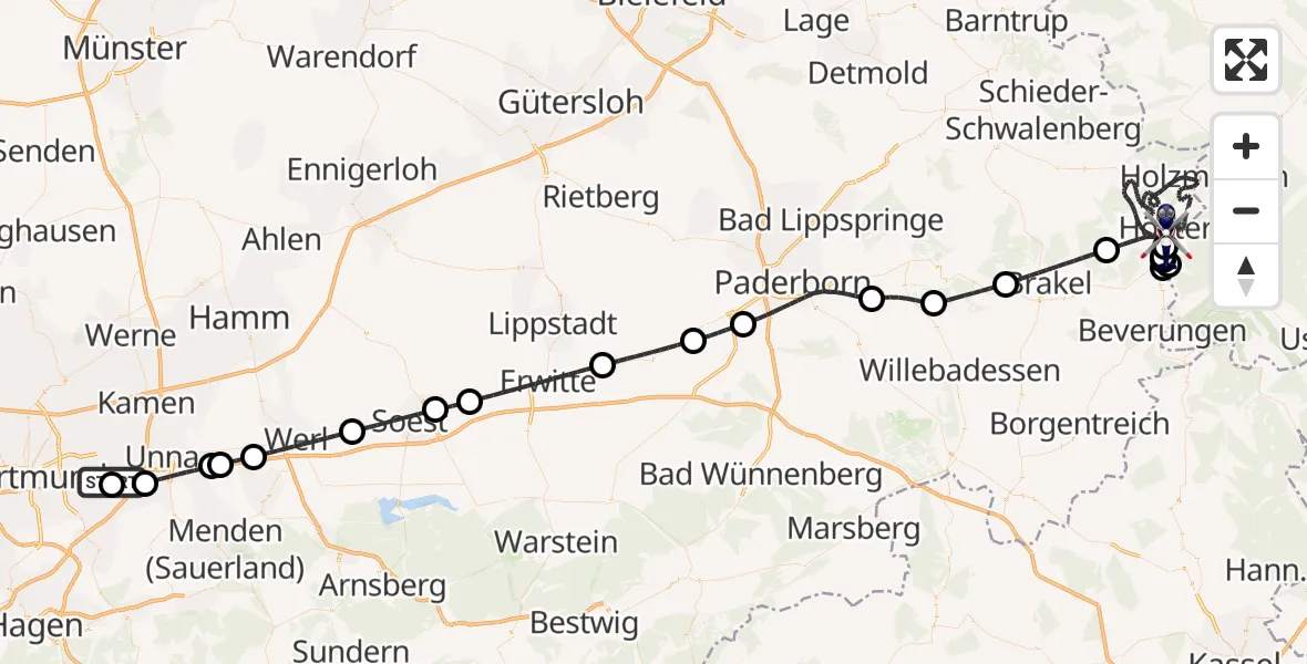 Flugroute Polizeihubschrauber Dortmund Flughafen - Höxter, 22 August 2026, 06:51