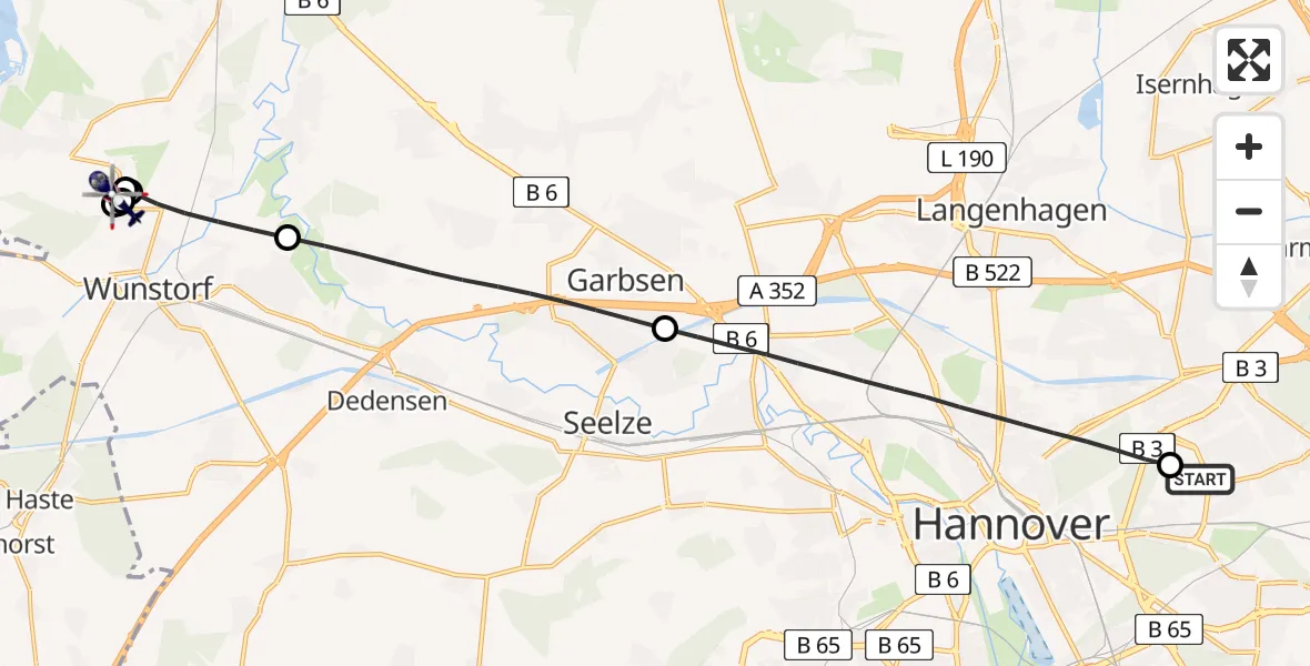 Flugroute Polizeihubschrauber Hannover Luftrettung Hubschrauberlandeplatz (Christoph 4) - Militärflugplatz Wunstorf, 22 August 2026, 06:54