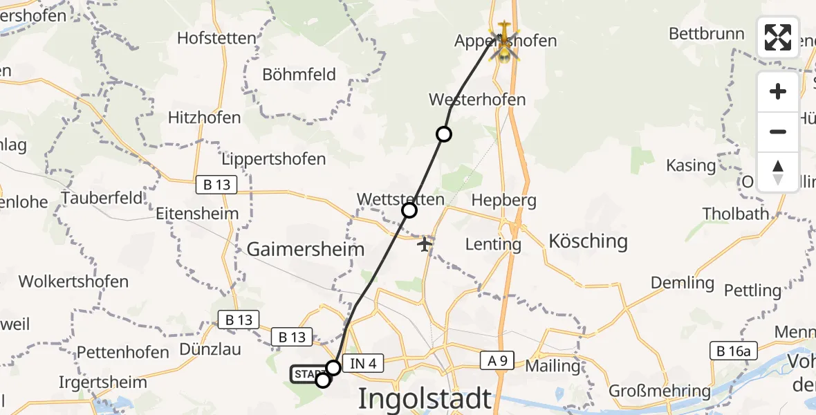 Flugroute Rettungshubschrauber Ingolstadt Hospital - Stammham, 22 August 2026, 06:57