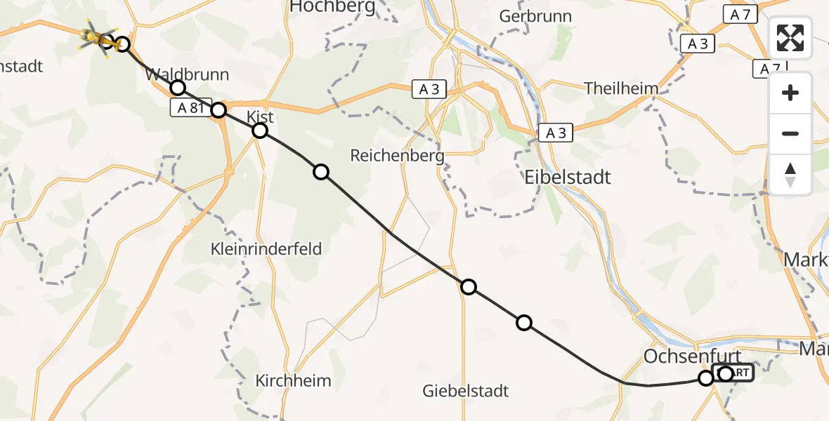 Flugroute Rettungshubschrauber Ochsenfurt Hospital - Waldbüttelbrunn, 22 August 2026, 07:04