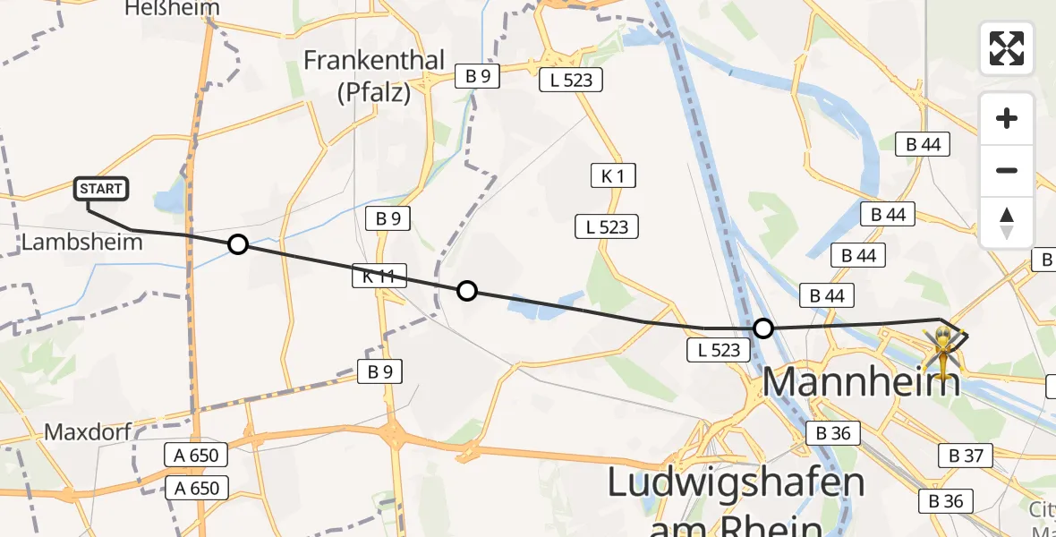 Flugroute Rettungshubschrauber Lambsheim - Mannheim, 22 August 2026, 07:11