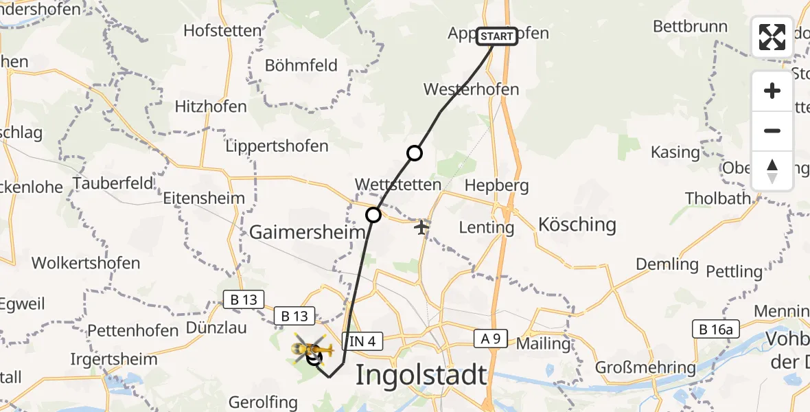 Flugroute Rettungshubschrauber Stammham - Ingolstadt Hospital, 22 August 2026, 07:29