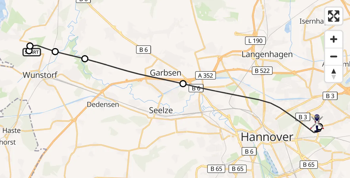 Flugroute Polizeihubschrauber Militärflugplatz Wunstorf - Hannover Luftrettung Hubschrauberlandeplatz (Christoph 4), 22 August 2026, 07:34