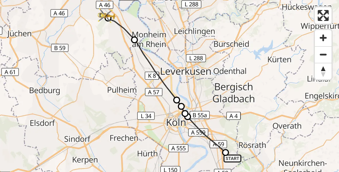Flugroute Rettungshubschrauber Köln Bonn Flughafen - Neuss, 22 August 2026, 07:41