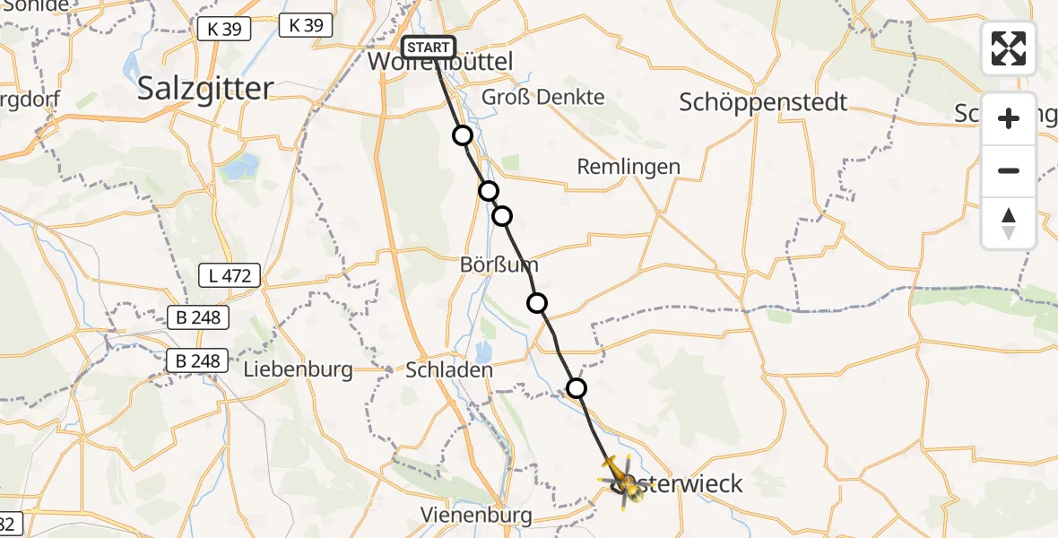 Flugroute Rettungshubschrauber Wolfenbüttel - Osterwieck, 22 August 2026, 07:48