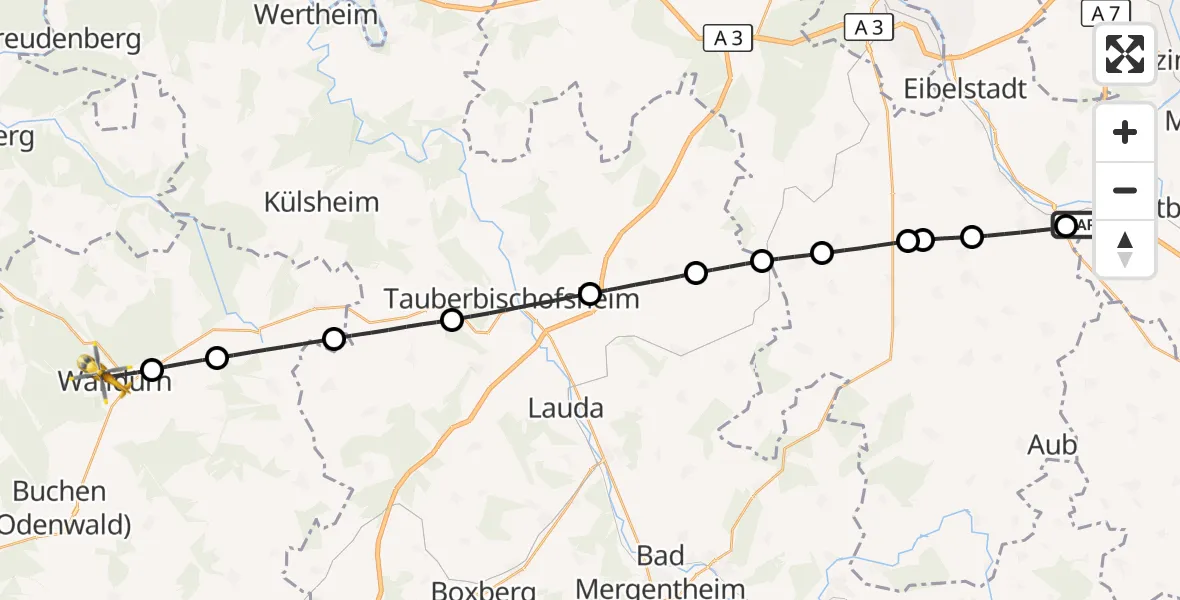 Flugroute Rettungshubschrauber Ochsenfurt Hospital - Walldürn, 22 August 2026, 07:50