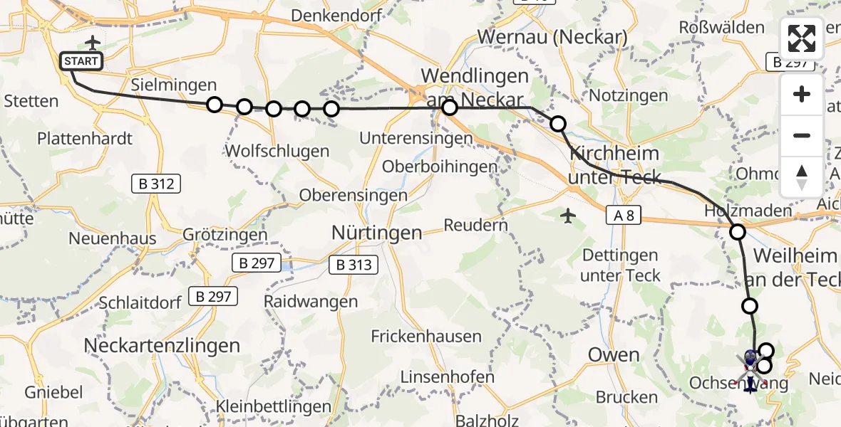 Flugroute Polizeihubschrauber Flughafen Stuttgart - Bissingen an der Teck, 22 August 2026, 07:52