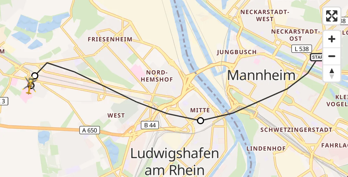 Flugroute Rettungshubschrauber Mannheim - Ludwigshafen Accident Hospital, 22 August 2026, 08:05