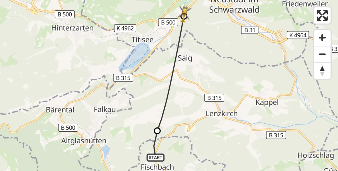 Flugroute Ambulanzhubschrauber Schluchsee - Titisee-Neustadt, 22 August 2026, 08:06