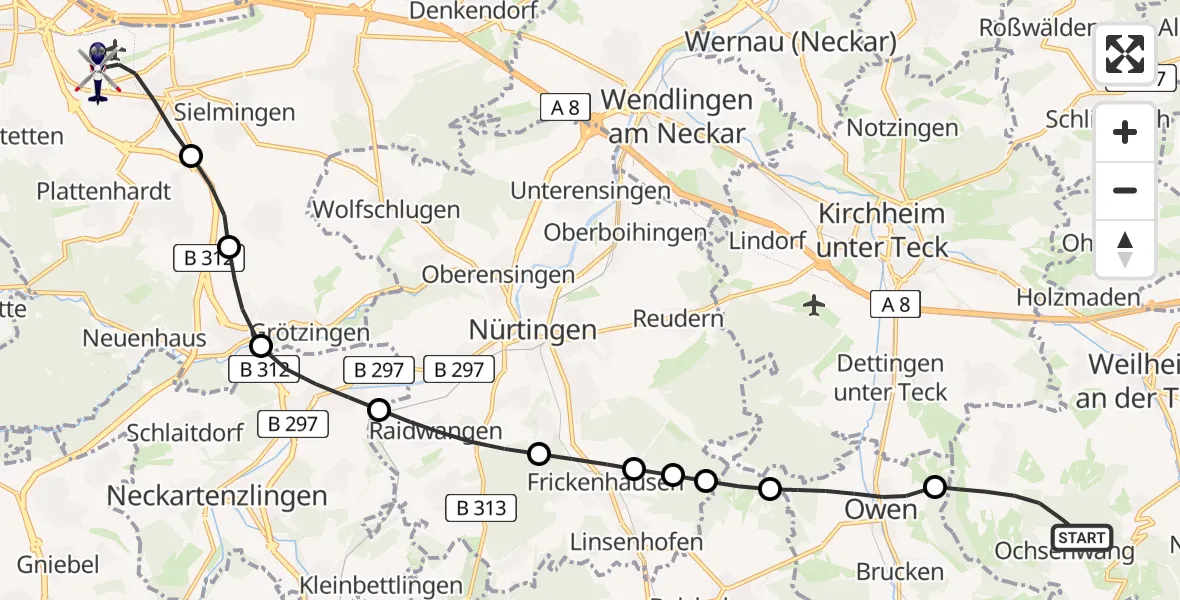 Flugroute Polizeihubschrauber Bissingen an der Teck - Flughafen Stuttgart, 22 August 2026, 08:10