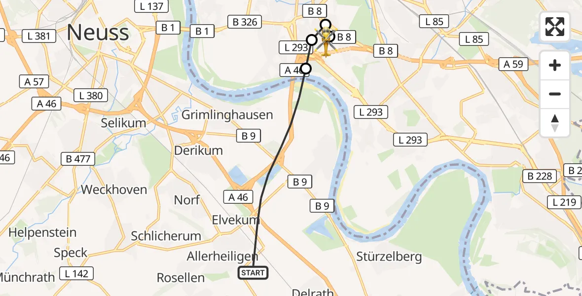Flugroute Rettungshubschrauber Neuss - Düsseldorf University Hospital, 22 August 2026, 08:16